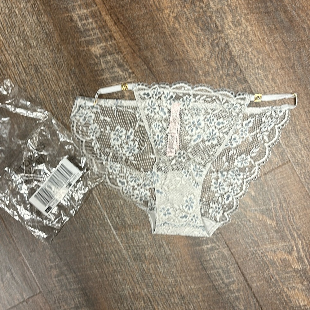 NWT 🌸 Victoria’s Secret hiphugger lace panties M blue and cream floral see-thru
